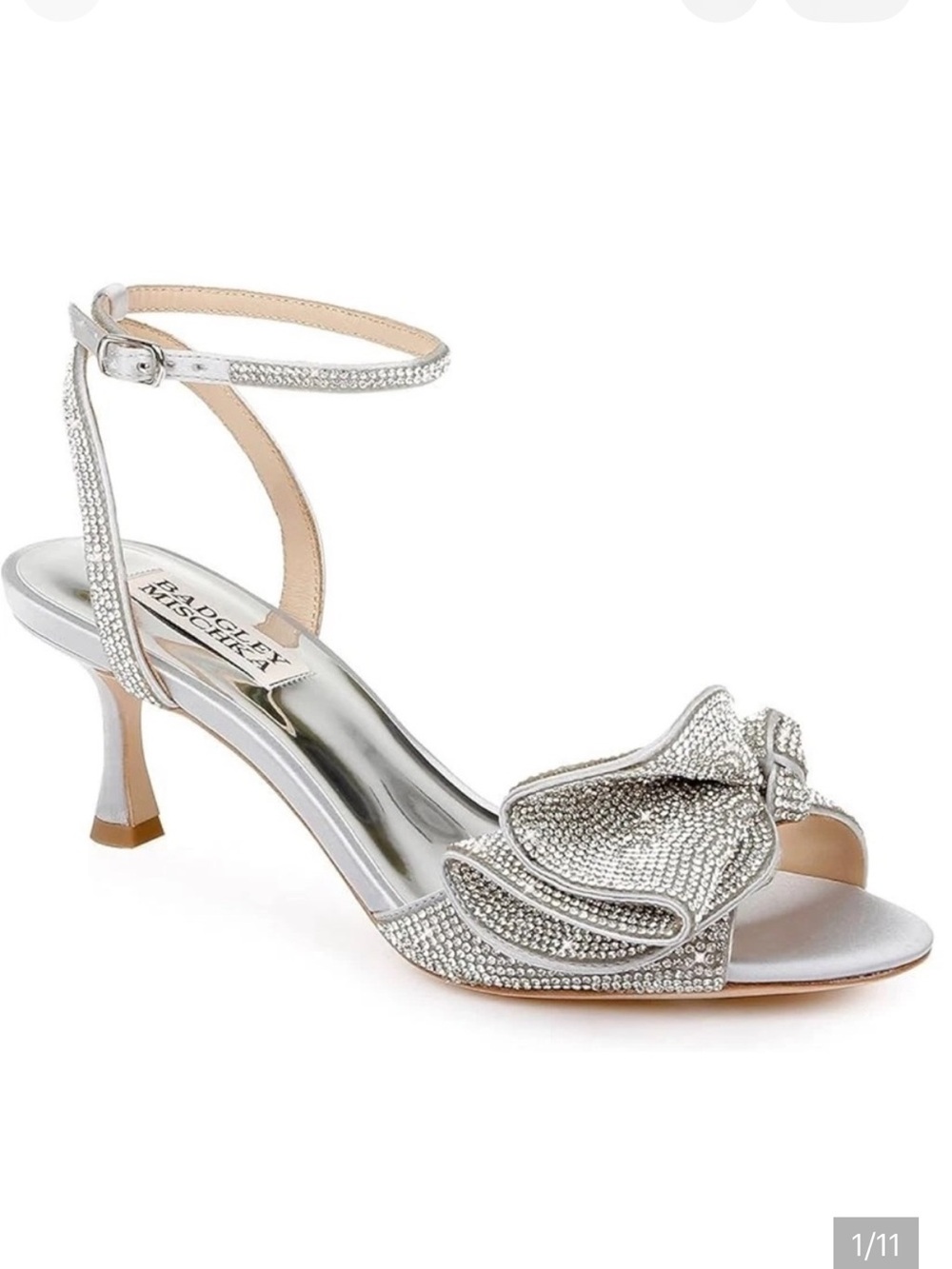Badgley Mischka Remi Silver Satin Bow Crystal Sandal Kitten Heel Ankle Strap 7